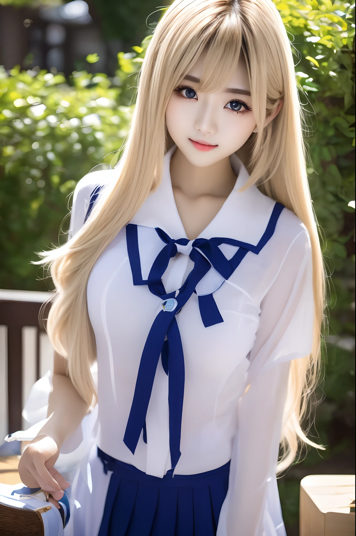 Single girl, school uniform, blue sky, bright and very beautiful face, young and shiny white shiny skin, best good looks, blonde hair with dazzling reflection of light, beautiful platinum blonde super long silky straight hair shiny shiny, long bangs, tremendously beautiful , big eyes that shine transparent light blue, beautiful wonderful beautiful girl