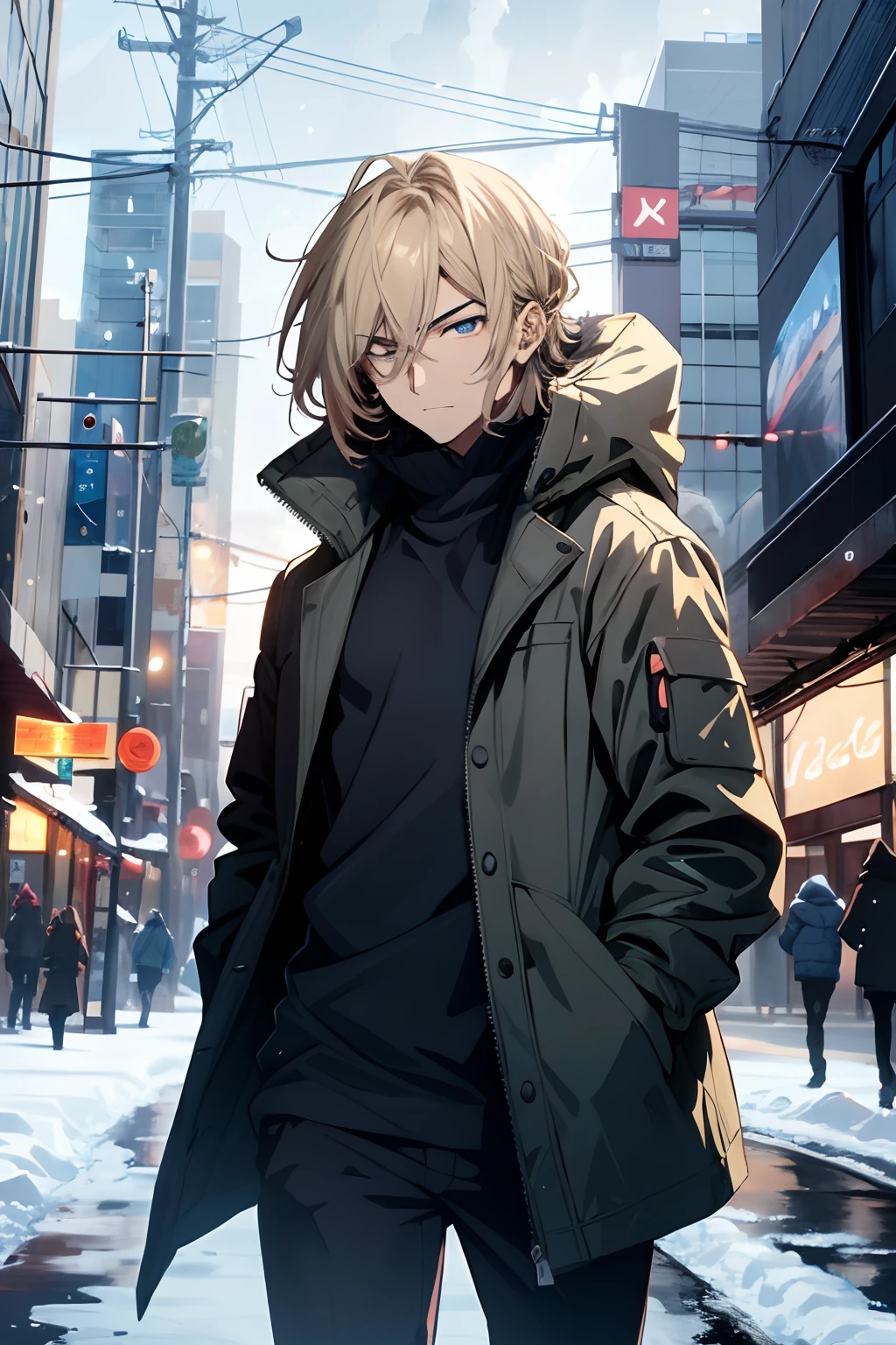 Anime - style image of a man in a winter coat standing on a snowy street, Melhor Anime 4K Konachan Wallpaper, badass anime 8 k, estilo anime 4K, jovem homem de anime, Papel de parede anime 4k, arte chave do anime, Digital anime illustration, 4k anime wallpapers, Anime Wallpaper 4k, estilo anime masculino, cara de anime alto com olho amarelo