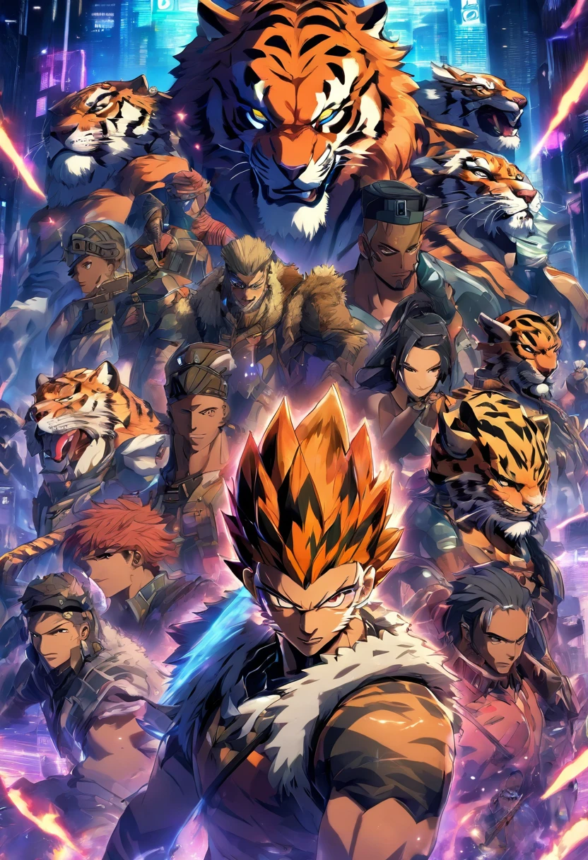 top quality, best quality, High-quality illustrations, masterpiece, super high resolution, detailed background, cyberpunk, Military Headquarters background, (((exactly 4 male and 1 female weretigers))), epic lighting, assorted poses, dynamic angle, looking at user, (group photo shot), various smiling expressions, different fur colors, fully clothed, different types of hair styles, various military head and face accessories,