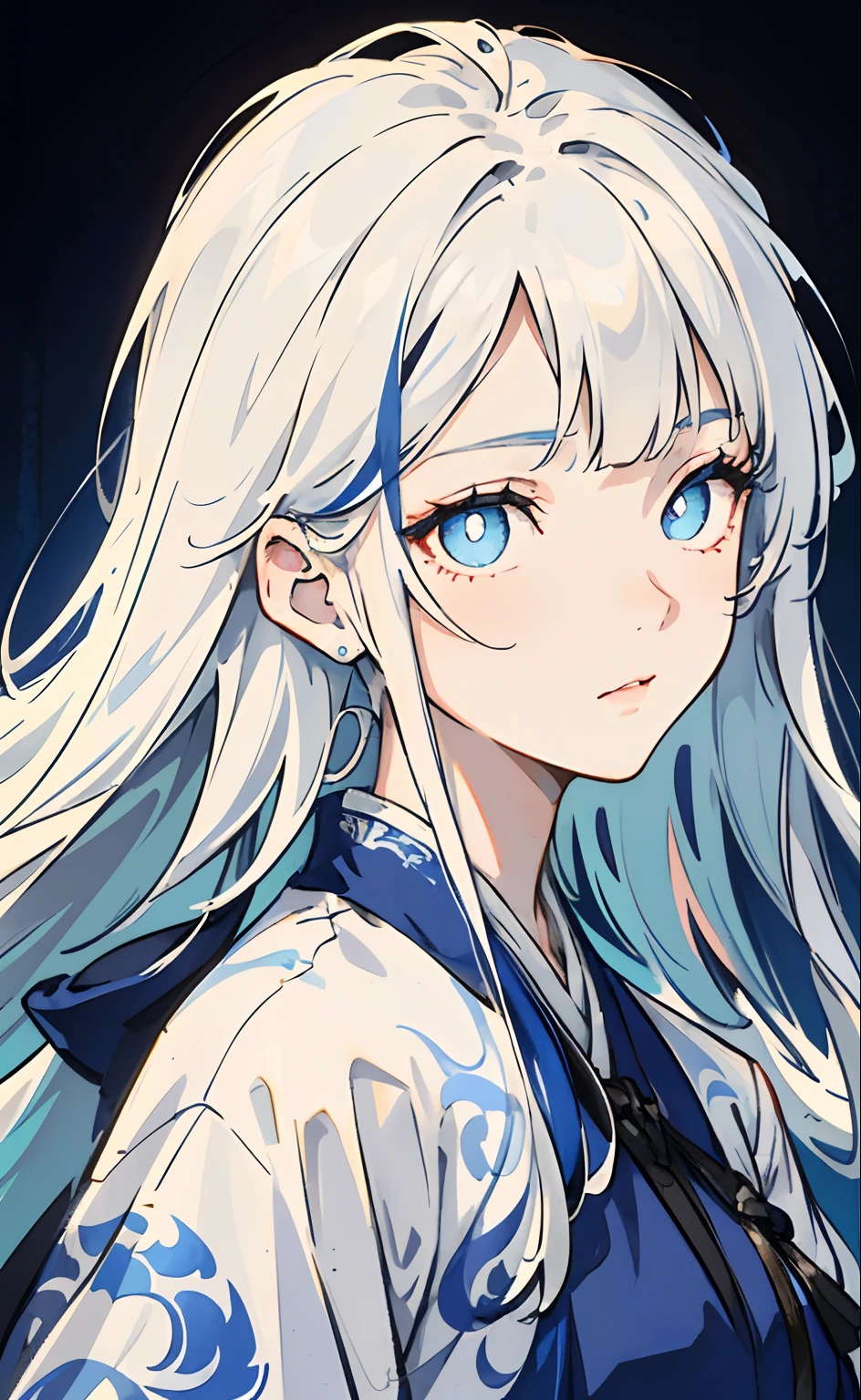 Mature girl, white hair, blue-streaked white hair, floating hair, delicate eyes, blue pupils, heroine, blue and white antique damask hanfu, FOV, f1.8, masterpiece, complex scene, portrait shot, front shot, dominant blue outfit, right front bangs, asymmetrical hair