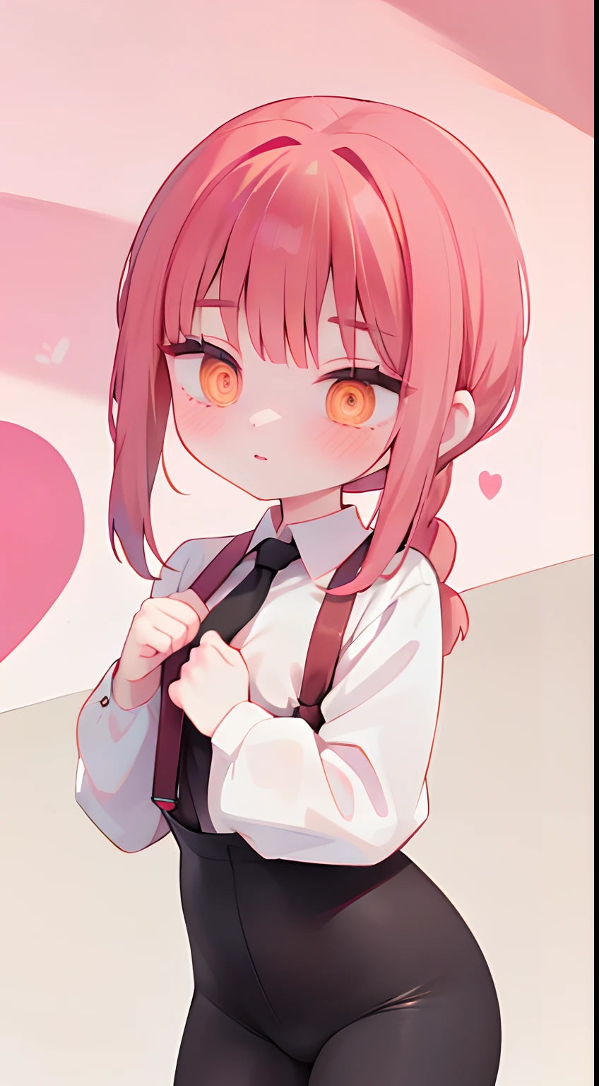 makima,Chest of D cup，slimfigure，White shirt，Black tie，Prominent hip curve，red tinted hair，pigtails，Red pupils，black colored leggings，Suspender stockings，Lots of pink hearts，Love background，Fleshy thighs，highly rendered，detailed face with