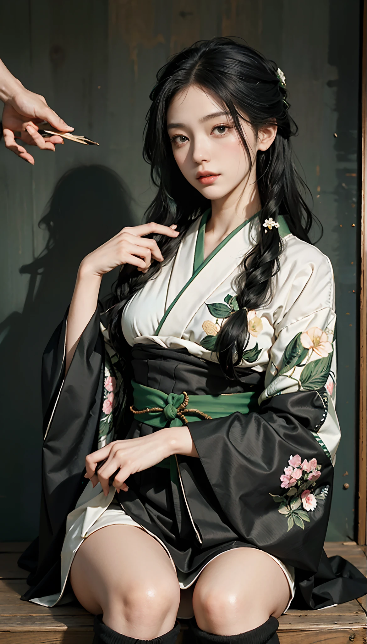 meticulous portrayal of face，1 noblewoman，(Camellia kimono)，(Long flowing black and green hair)，Simple and elegant Japanese clothing，Collar，(black sock，clogs)， s the perfect face， perfect hand， Perfect Finger， Perfect lips， perfect  eyes，Extremely normal body，Ancient Japanese town background，Perfect background