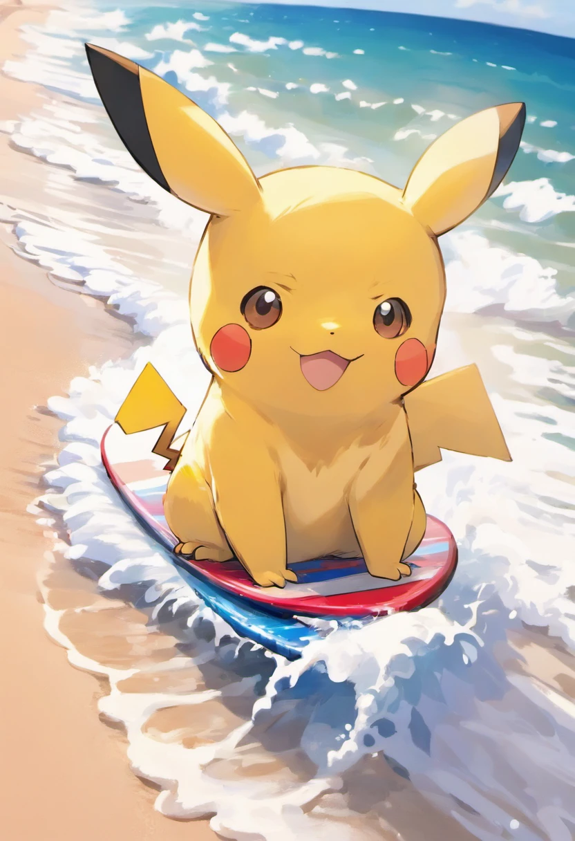 Foto do pikachu surfando na praia