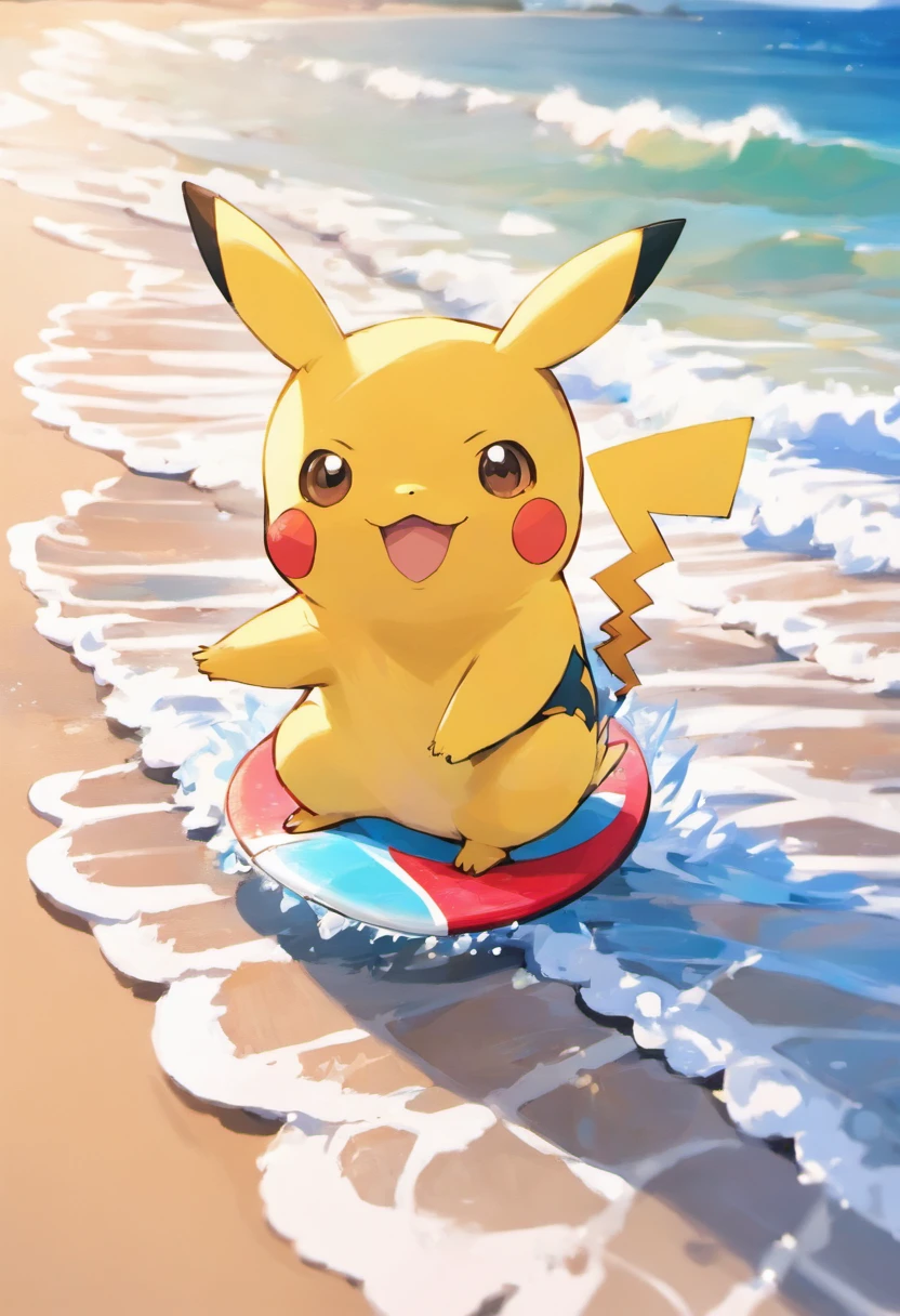 Foto do pikachu surfando na praia