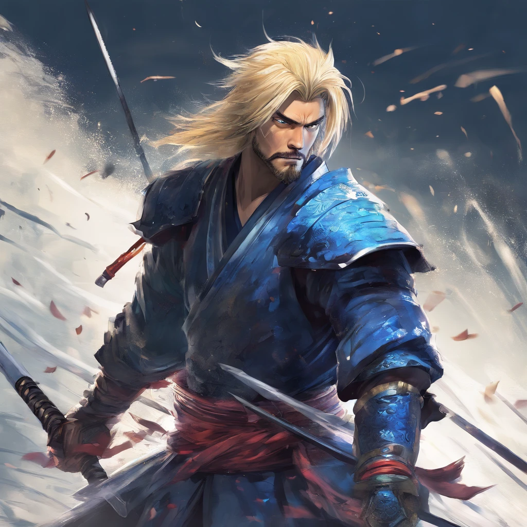 one male, anime, samurai, blonde hair, blonde beard, blue samurai armor, attacking, slashing, katana, water, middle aged, 4k, unbeatable masterpiece
