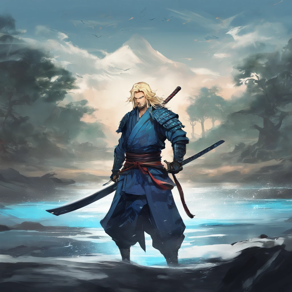 one male, anime, samurai, blonde hair, blonde beard, blue samurai armor, attacking, slashing, katana, water, middle aged, 4k, unbeatable masterpiece