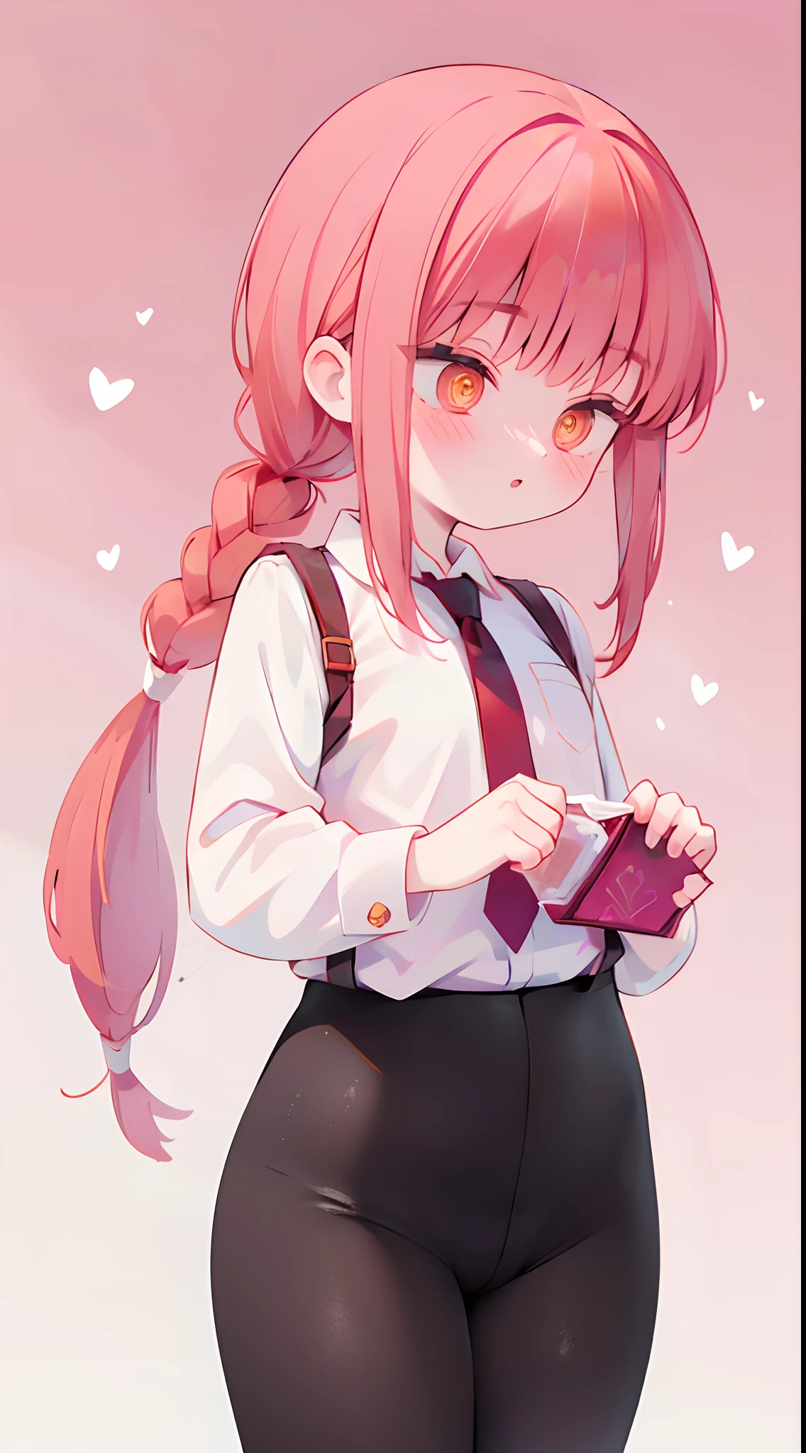 makima,Chest of D cup,slimfigure,White shirt,tiese,Prominent hip curve,Back view,red tinted hair,pigtails,Red pupils,black colored leggings,Suspender stockings,Lots of pink hearts,Love background,Fleshy thighs,highly rendered,detailed face with