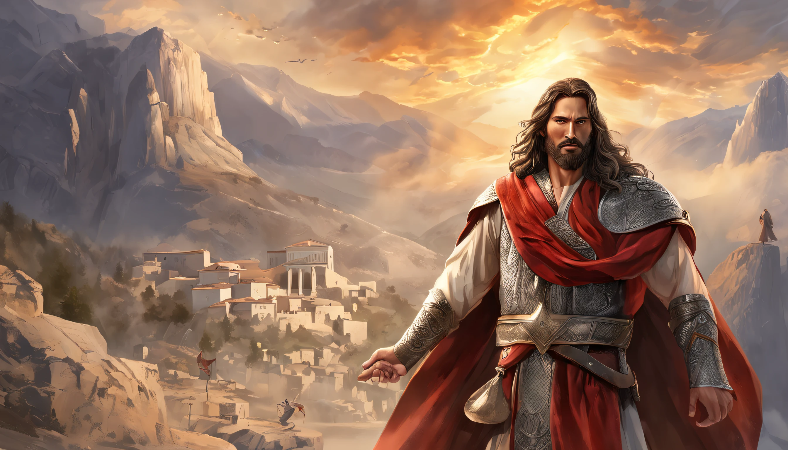 (Professional 3D Rendering: 1.3) by (Realistic: 1.3) World's Most Beautiful Art Picture，Jesus Christ, Resurrection, Mountain Gate, , Ascending to Heaven, Disciples Looking On, Features soft and shining male heroes, ((Jesus Christ, epic hero costume man in rough coat compassionate hero look long hair short beard and fierce expression in dynamic pose, Resurrection, rising to heaven, fantastic location, majestic disordered environment)), full body 8k unity render, action shot, pores of the skin, very dark lighting, heavy shading, detailed, Detailed face, (vibrant, photorealistic, Realistic, Dramatic, Dark, sharp focus, 8k), (Old leather clothes damaged by bad weather:1.4), ((((Use skins)))), (intricate:1.4 ), decadent, (highly detailed:1.4), digital painting, rendering by octane, art station, Concept-Art, smooth, sharp focus, illustration, art germ, (Loish:0.23 ), Wlop Ilya Kuvshinov, and Greg Rutkowski and Alphonse Mucha Gracias, (global illumination, studiolight, Light Volumetric), rain, floating