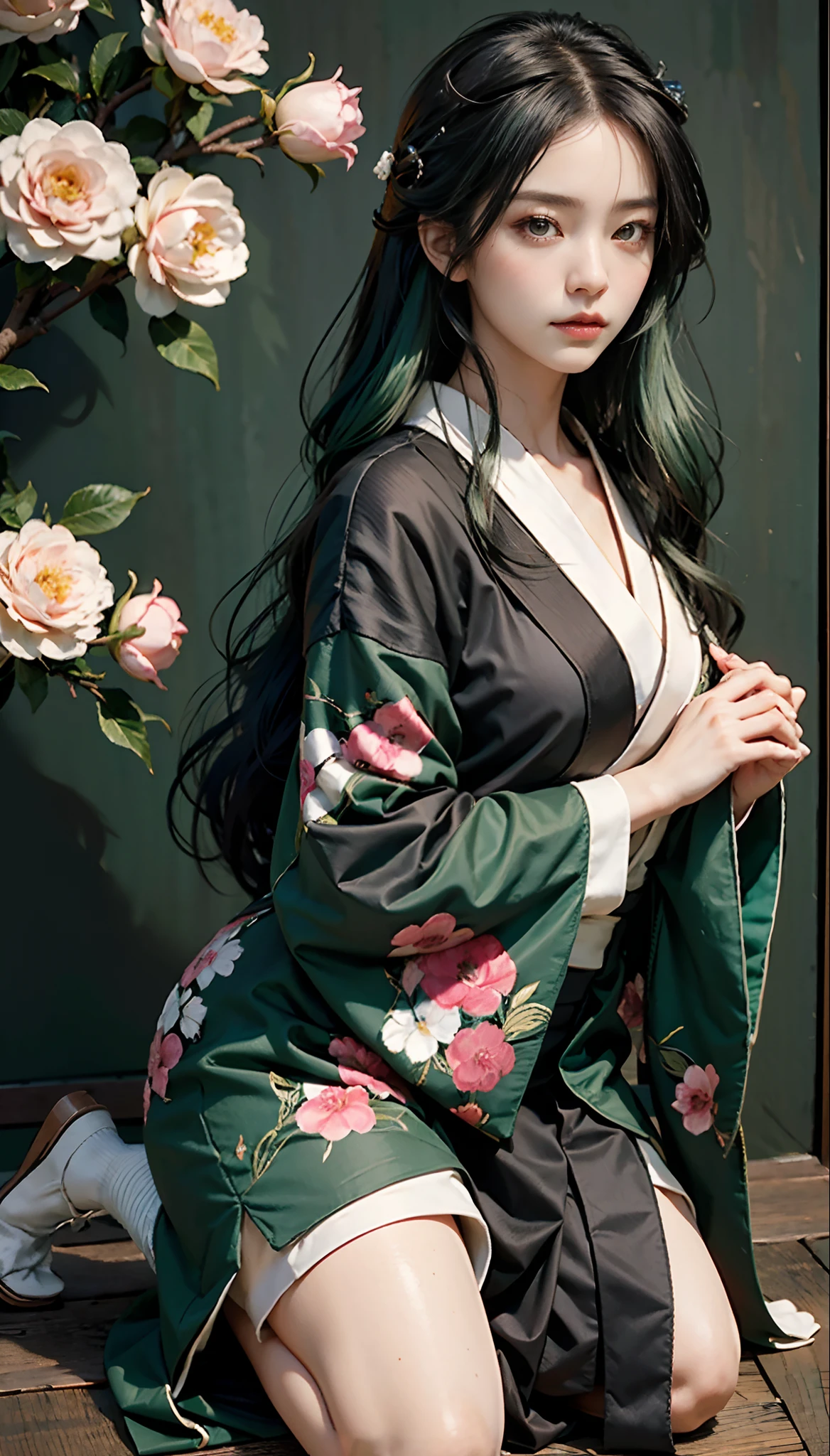 meticulous portrayal of face，1 noblewoman，(Camellia kimono)，(Long flowing black and green hair)，Simple and elegant Japanese clothing，Collar，(black sock，clogs)， s the perfect face， perfect hand， Perfect Finger， Perfect lips， perfect  eyes，Extremely normal body，Ancient Japanese town background，Perfect background