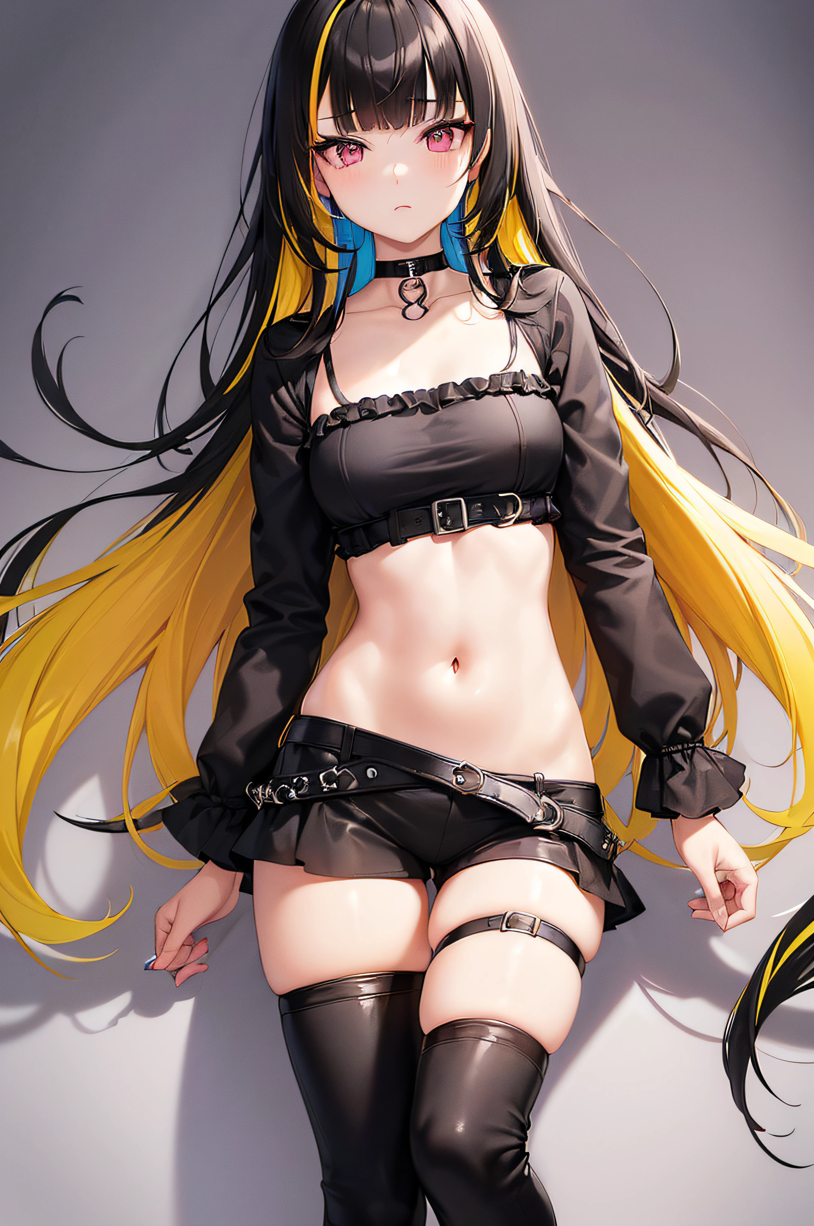 (masuter piece,Best Quality,Ultra-detailed), (Character Sheet:1.2),Full body,masterpiece, best quality,super fine illustration, perfect anatomy, correct anatomy, perfect proportion, perfect face, perfect hands, perfect legs, perfect fingers, perfect hands, professional lighting, best quality, ultra detailed, extremely delicate and beautiful, 4k, 8k, clearly drawn face, beautiful eyes, beautifully detailed eyes, highly detailed eyes, (1girl,solo,((black hair 1.2)(yellow hair 1.2)slim thighs,long princess cut hair, blunt bangs, (multicolored hair:1.5),(two-tone hair:1.2), (gradient hair:1.3), multicolored eyes, standing, long hair, looking at viewer, blush, little girl, choker, thigh strap, (eyeliner:1.2), eyeshadow, navel, midriff, pink eyes, combat boots, skull hair clip, black jacket, purple pants, ribbon, simple white background, fit to canvas, plain white background