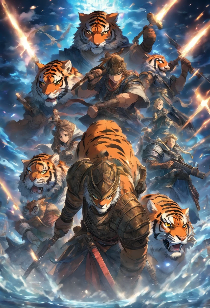 top quality, best quality, High-quality illustrations, masterpiece, super high resolution, detailed background, illustration of four male tigers and one female tiger holding military weapons, epic lighting, assorted poses, dynamic angle, looking at user, (group photo shot), various smiling expressions, different fur colors, fully clothed, different types of hair styles, various military head and face accessories, Cinematic light and reflection, Intermediate metaverse elements, Digital Painting, Glowing reflections, Beautiful atmosphere night skylight, Surrounded by clouds, Buildings in medieval Europe, glazed tiles,