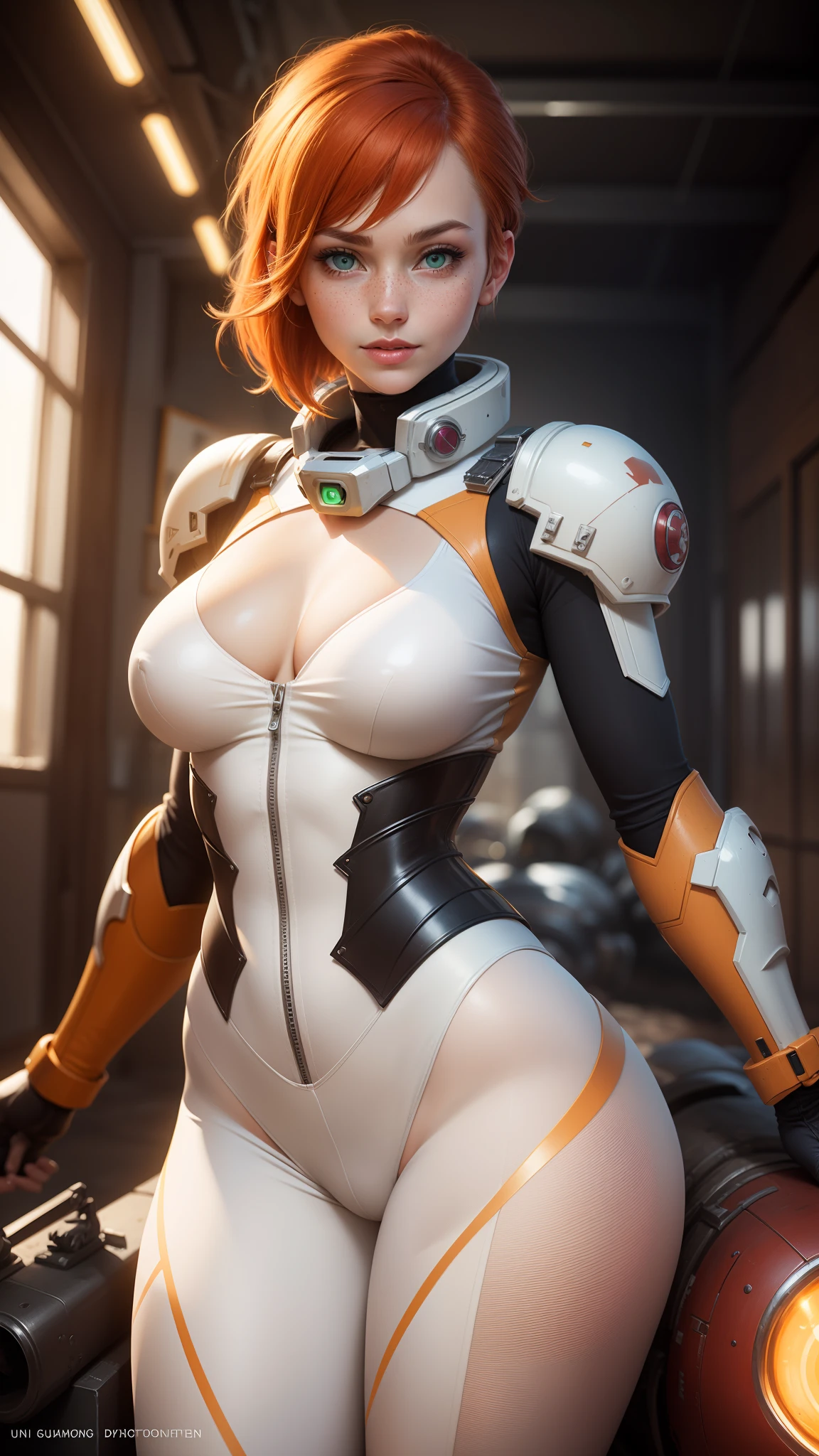 gwen tennyson,tracer,samus,rebecca chambers,overwatch,gundam,1girl,close up,mecha pilot,space port,mecha uniform,space marine,pirate corset, white long sleeve lycra top,white leggings,short hair,war makeup,green eyes,orange hair,silver highlights,shy smile,freckles,redhead,beautiful girl,large breasts,ultra detailed,realistic,fantasy art,