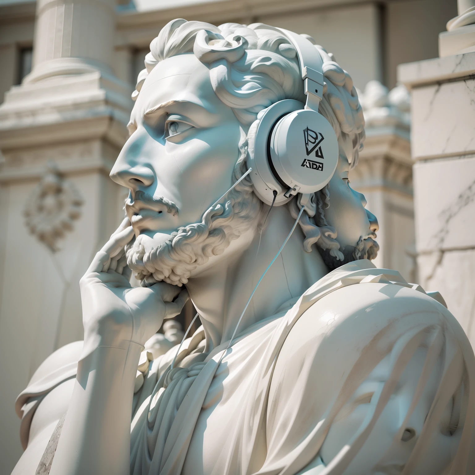 A white marble statue of a man with headphone beats by dr. dre, tudo esculpido em pedra, philosopher marcus aurelius, Estoicismo, renderizado, fotografia profissional, fundo escuro