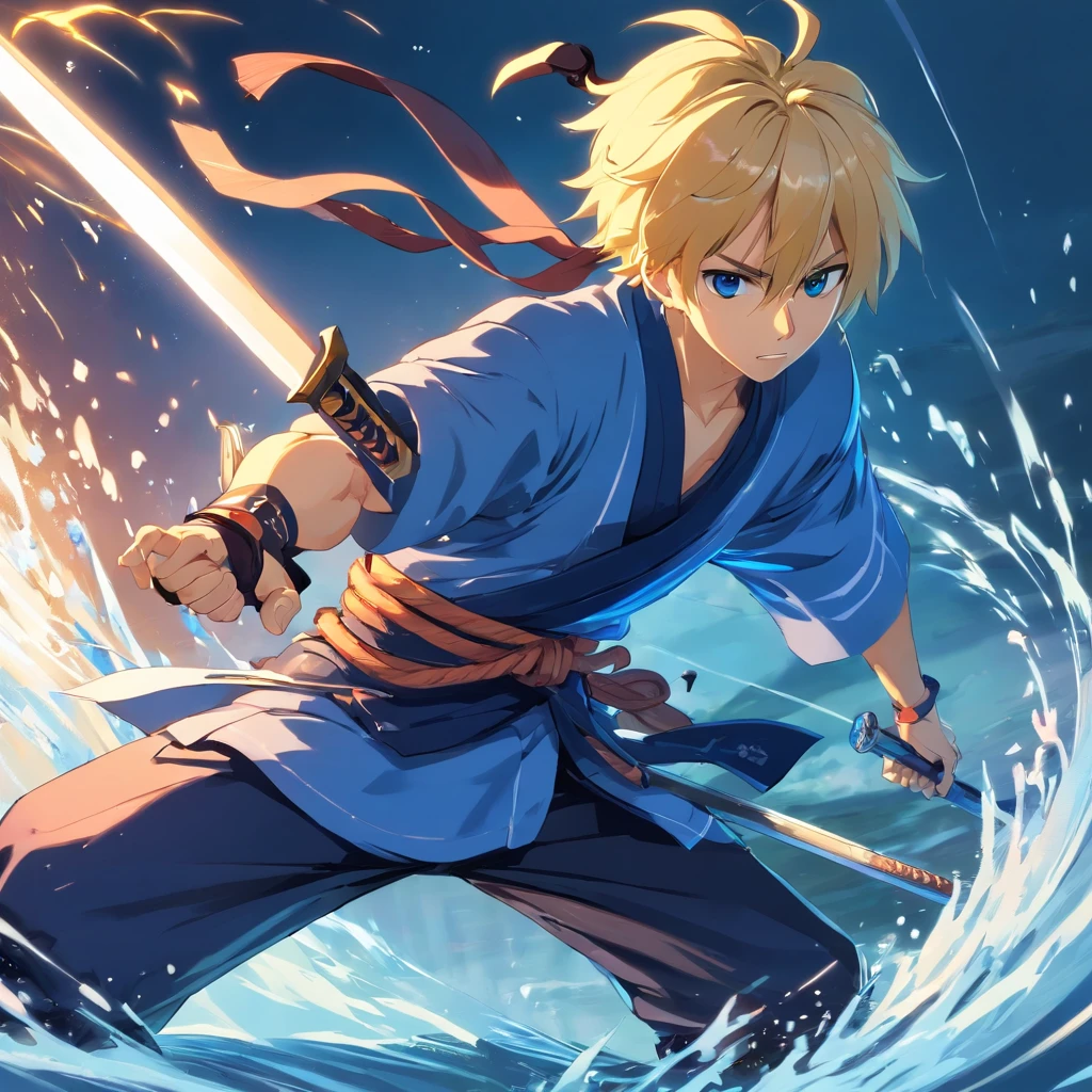 one male, anime, samurai, blonde hair, blonde beard, blue samurai armor, attacking, slashing, katana, water, middle aged, 4k, unbeatable masterpiece