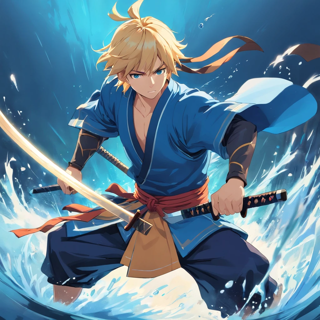 one male, anime, samurai, blonde hair, blonde beard, blue samurai armor, attacking, slashing, katana, water, middle aged, 4k, unbeatable masterpiece