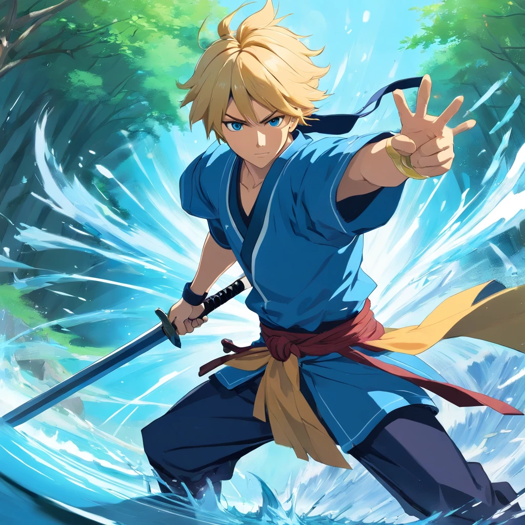 one male, anime, samurai, blonde hair, blonde beard, blue samurai armor, attacking, slashing, katana, water, middle aged, 4k, unbeatable masterpiece