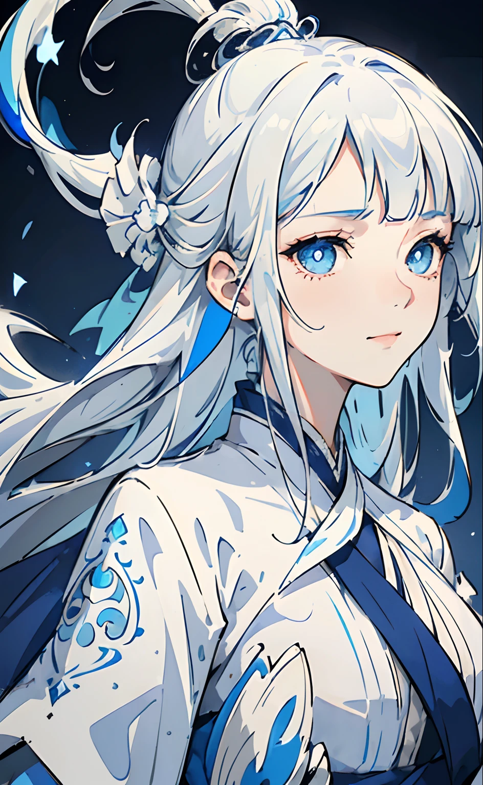 Mature girl, white hair, blue-streaked white hair, floating hair, delicate eyes, blue pupils, heroine, blue and white antique damask hanfu, FOV, f1.8, masterpiece, complex scene, portrait shot, front shot, dominant blue outfit, right front bangs, asymmetrical hair, light smile