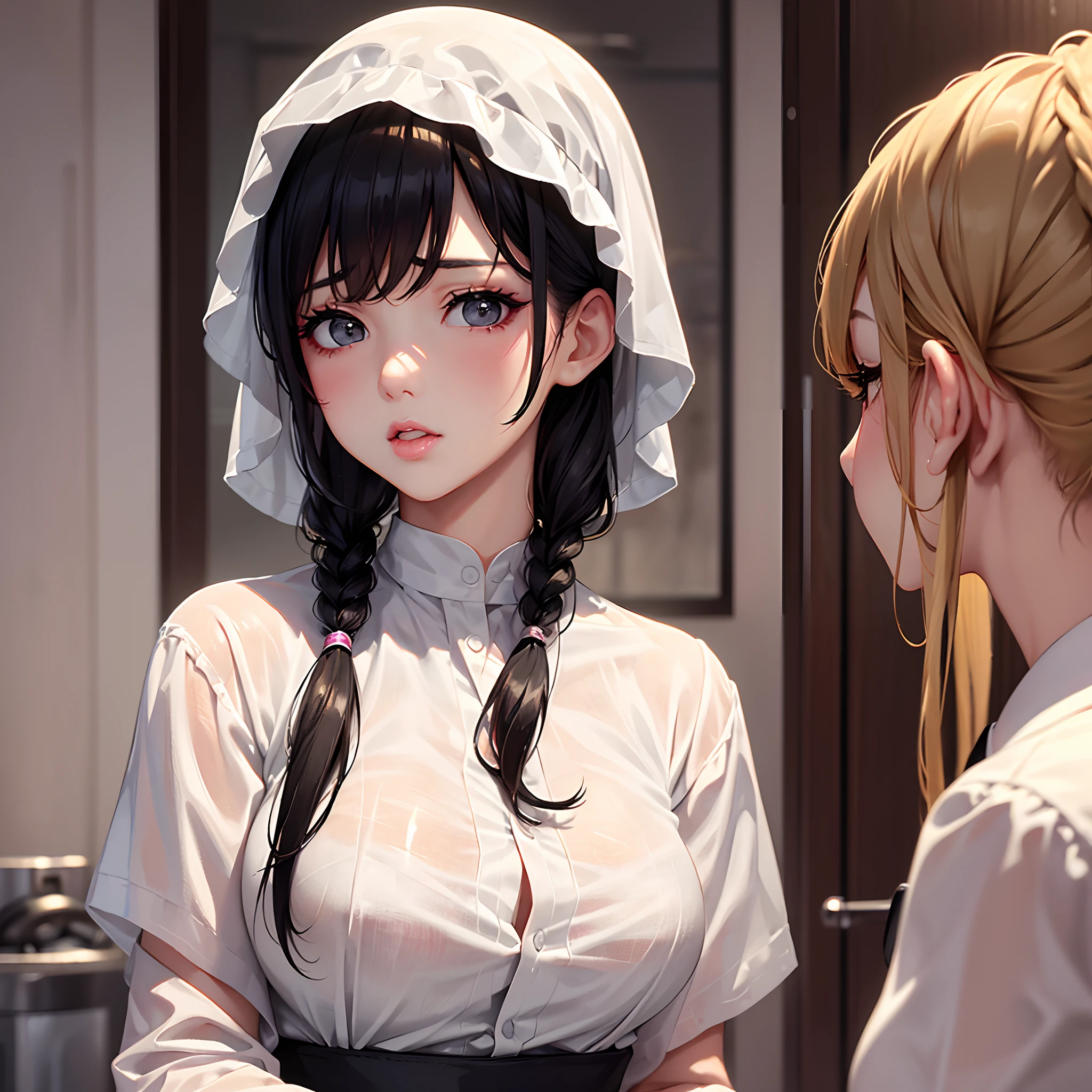 Best Quality、large full breasts、Wheat-colored skin girl、gals、Gal Style Makeup、White with empty chestYThe shirt、Wet black hair、poneyTail、Kiss Face、Bust-up angle of view、Pulp lips、Sexy look