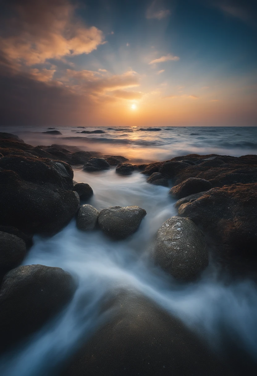 In a seaside scene,The middle view is a sea with ripples,There is a reef in the close-up,The background is a starry sky,At night,(starrysky),(sea surface),(large scene),cg render,largeaperture,8k,infinite details