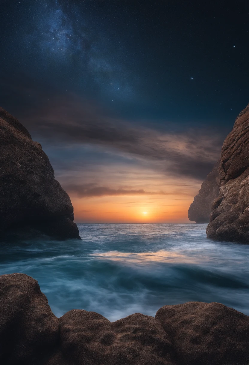 In a seaside scene,The middle view is a sea with ripples,There is a reef in the close-up,The background is a starry sky,At night,(starrysky),(sea surface),(large scene),cg render,largeaperture,8k,infinite details