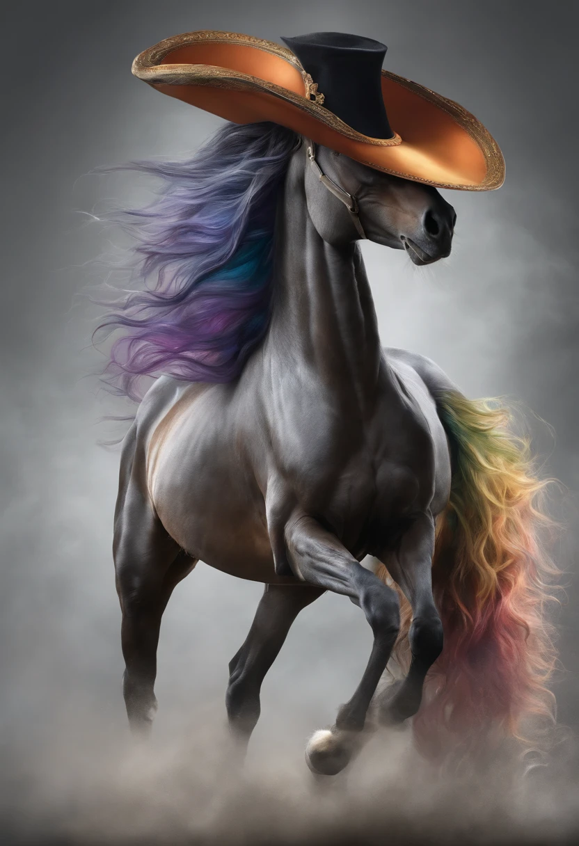 An ultra detailed realistic image of a beautiful horse in a witch's hat, with colorful mane and tail, full body, light gray background.