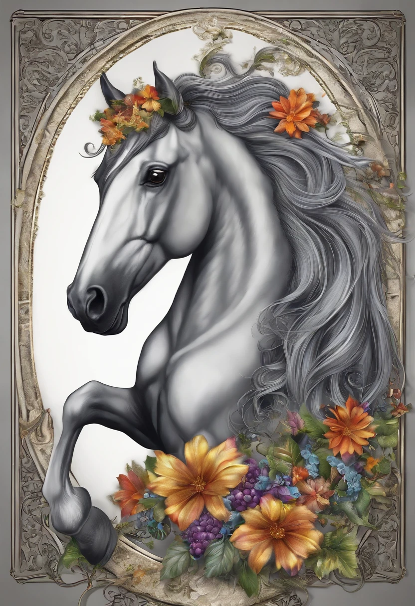 An ultra detailed realistic image of a beautiful horse in a witch's hat, with colorful mane and tail, full body, light gray background.