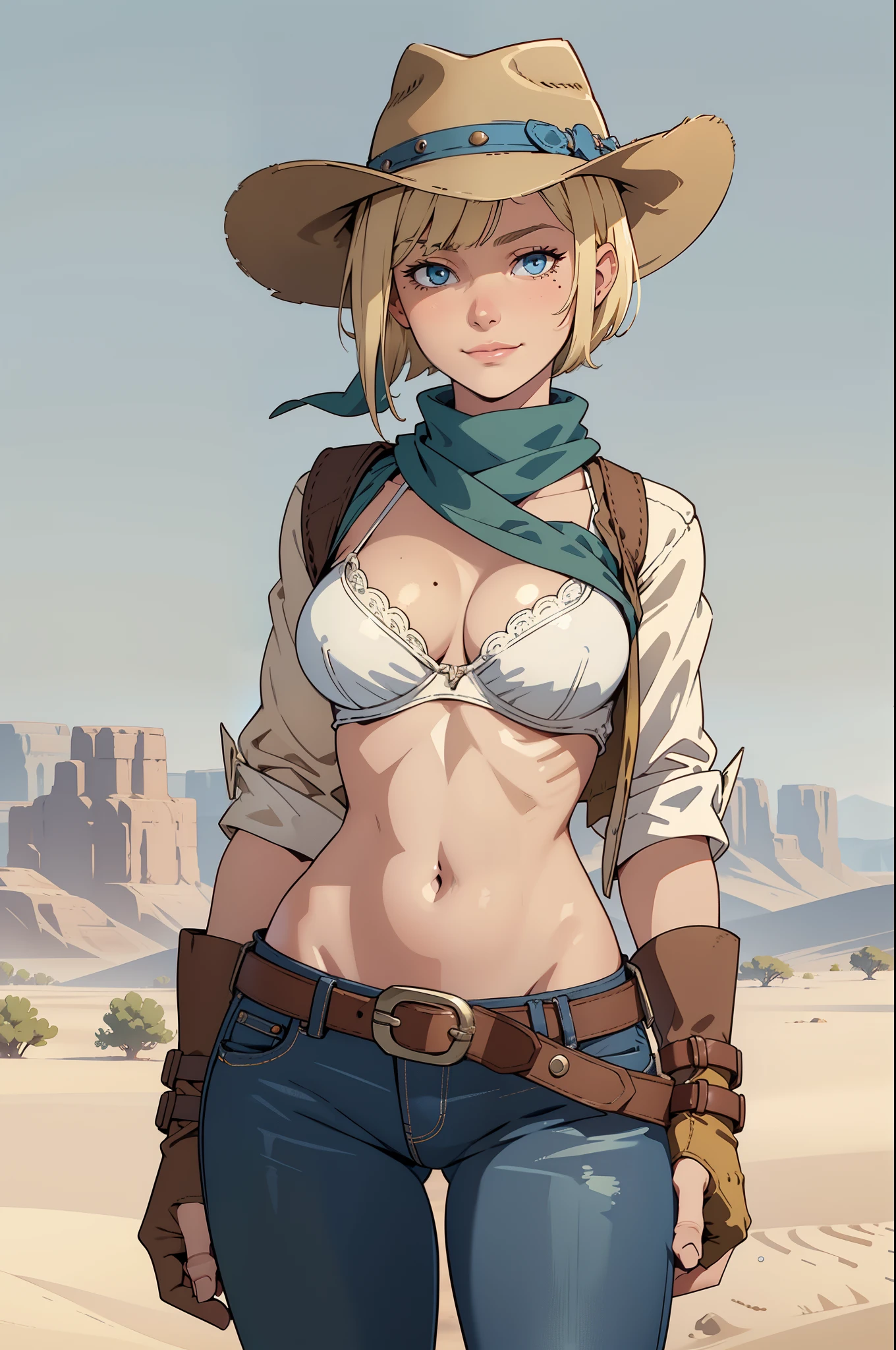 1girl, cowboy hat, white bra, green vest, no sleeves, navel, blue jeans, brown boots, fingerless gloves, short gloves, slight smile, short hair, blonde hair, parted bangs, blue eyes, mole under right eye, wild West background, sunny desert background, belt, best quality, masterpiece