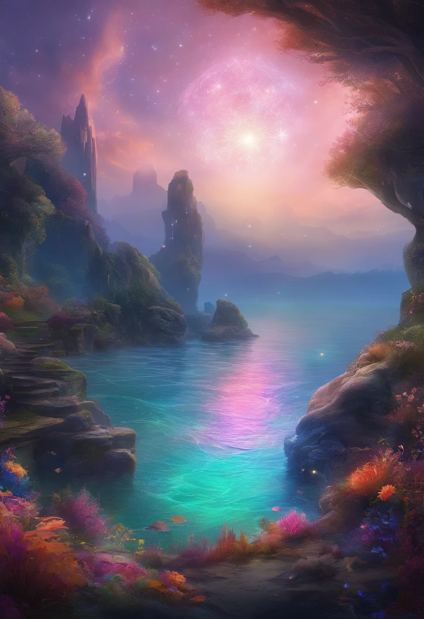 In a seaside scene,The middle view is a sea with ripples,There is a reef in the close-up,The background is a starry sky,At night,(starrysky),(sea surface),(large scene),cg render,largeaperture,8k,infinite details