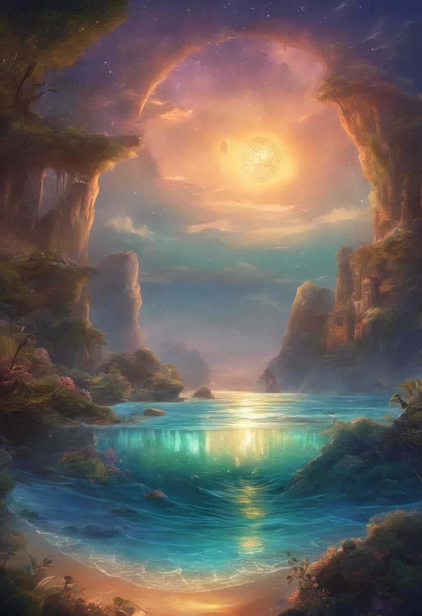 In a seaside scene,The middle view is a sea with ripples,There is a reef in the close-up,The background is a starry sky,At night,(starrysky),(sea surface),(large scene),cg render,largeaperture,8k,infinite details