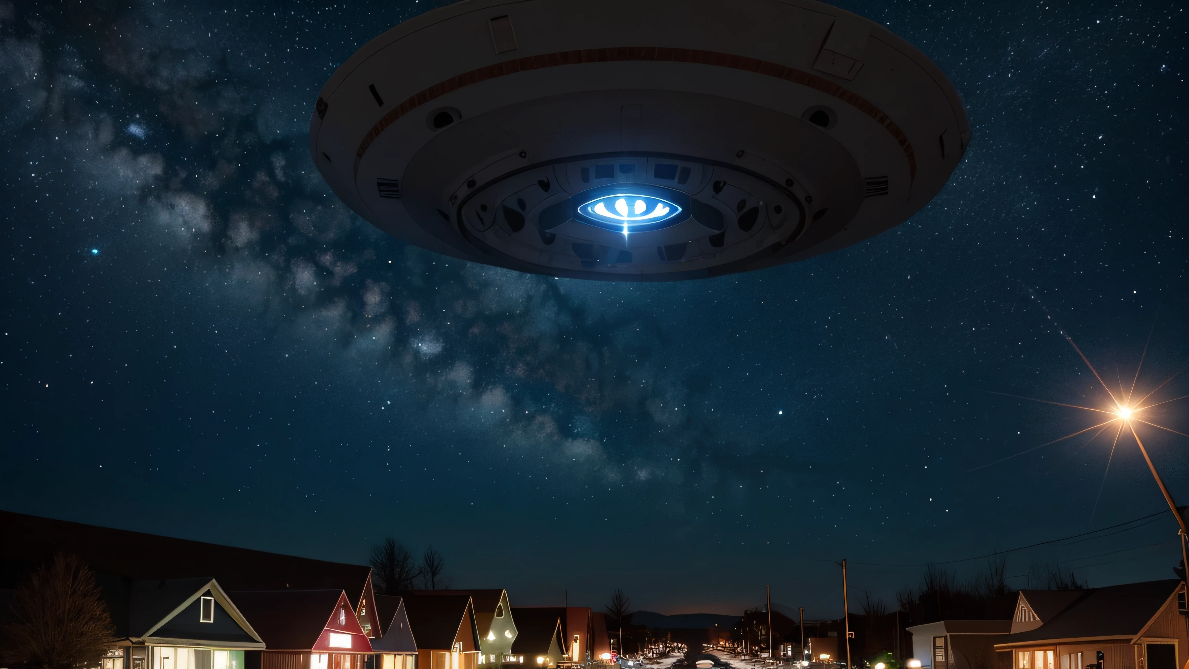 UFO invasion in typical small North American town, seen from below with peoples