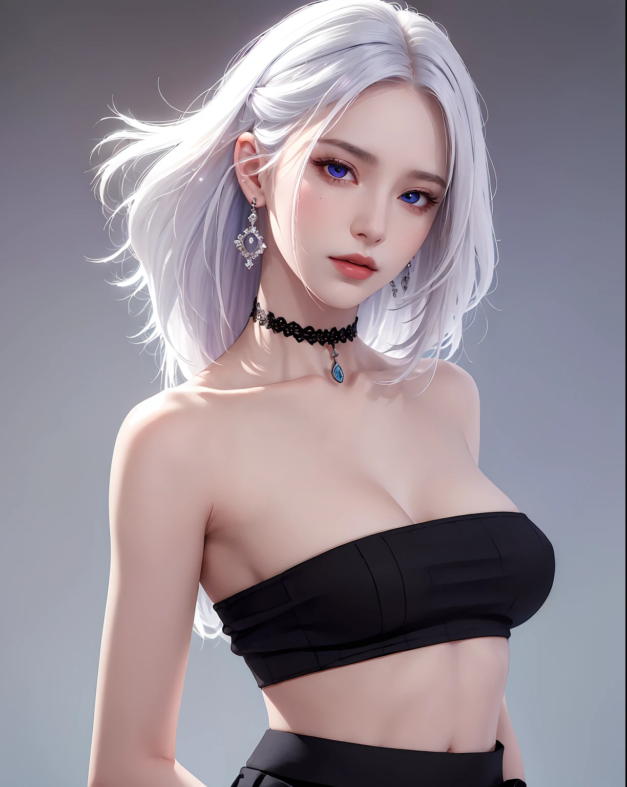(masterpiece, best quality, (1girl:1.5), solo, intricate details, chromatic aberration), (realistic),(skin), ((breath)),(realistic white hair),detailed hair, red head ornament, blue highlights, hair over one eye, small earrings, sharp eyes, purple eyes, choker,((black crop top )),(skirt),open waist,(symmetry eyes),(perfect symmetrical body), night,(((natural light))),backlighting, against grey wall, dim lighting ,look at viewer,((centered shot, from front,(face and waist))), (large breasts: 1.2),