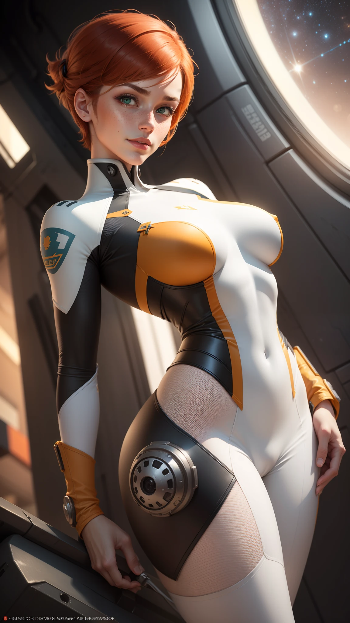 gwen tennyson,tracer,samus,rebecca chambers,overwatch,gundam,1girl,close up,mecha pilot,space port,mecha uniform,space marine,pirate corset, white long sleeve lycra top,white leggings,short hair,war makeup,green eyes,orange hair,silver hair highlights,shy smile,freckles,redhead,beautiful girl,large breasts,ultra detailed,realistic,fantasy art,