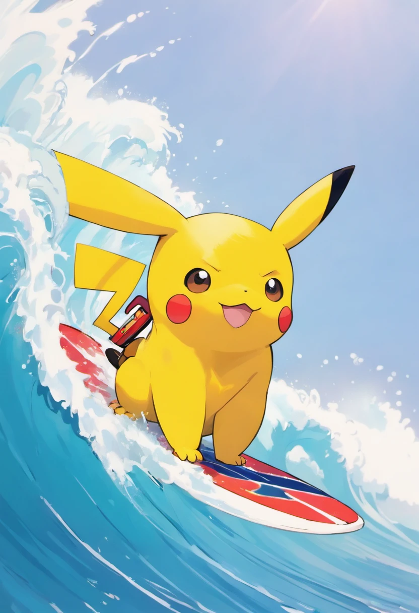 pikachu surfing a wave