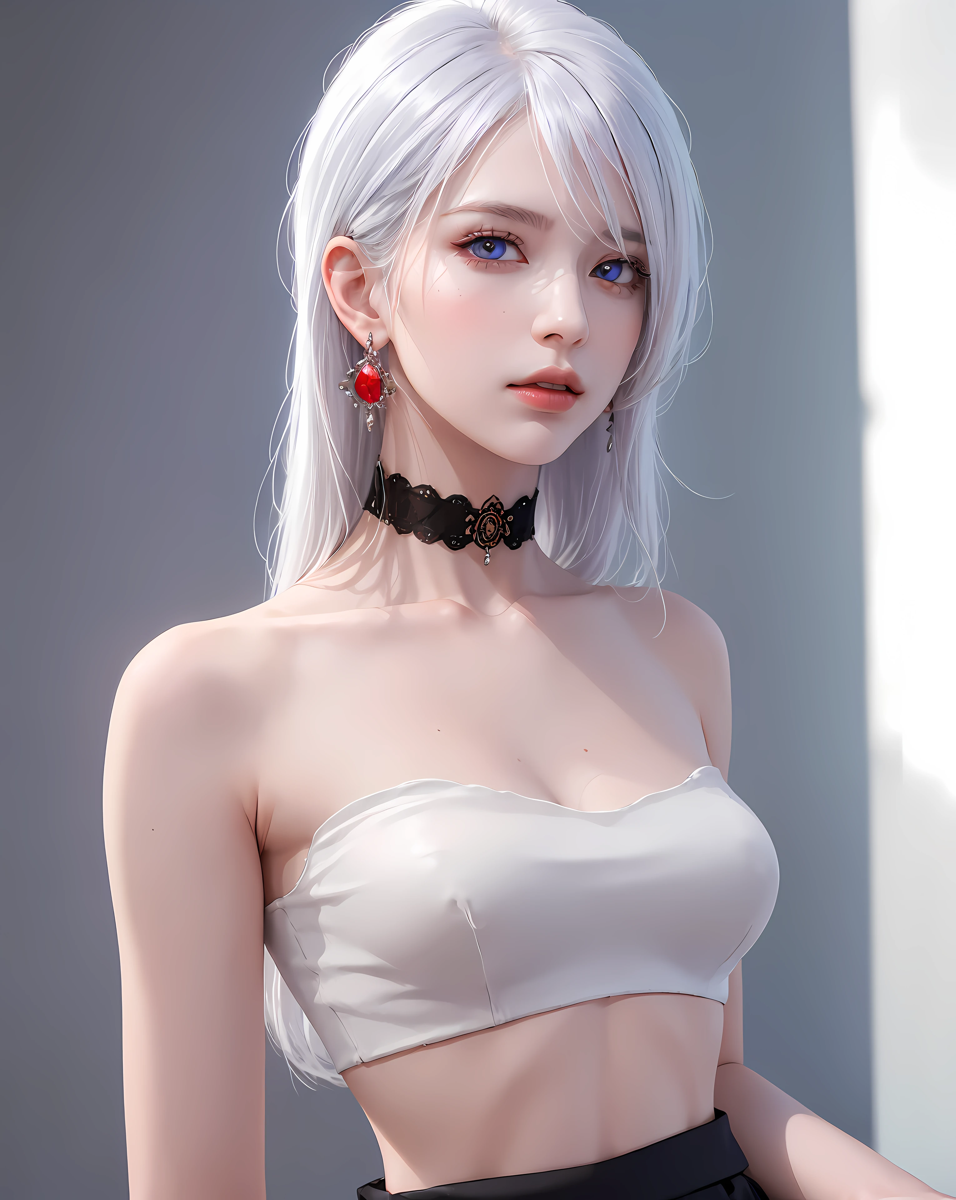 (masterpiece, best quality, (1girl:1.5), solo, intricate details, chromatic aberration), (realistic),(skin), ((breath)),(realistic white hair),detailed hair, red head ornament, blue highlights, hair over one eye, small earrings, sharp eyes, purple eyes, choker,((black crop top )),(skirt),open waist,(symmetry eyes),(perfect symmetrical body), night,(((natural light))),backlighting, against grey wall, dim lighting ,look at viewer,((centered shot, from front,(face and waist))), (large breasts: 1.2),
