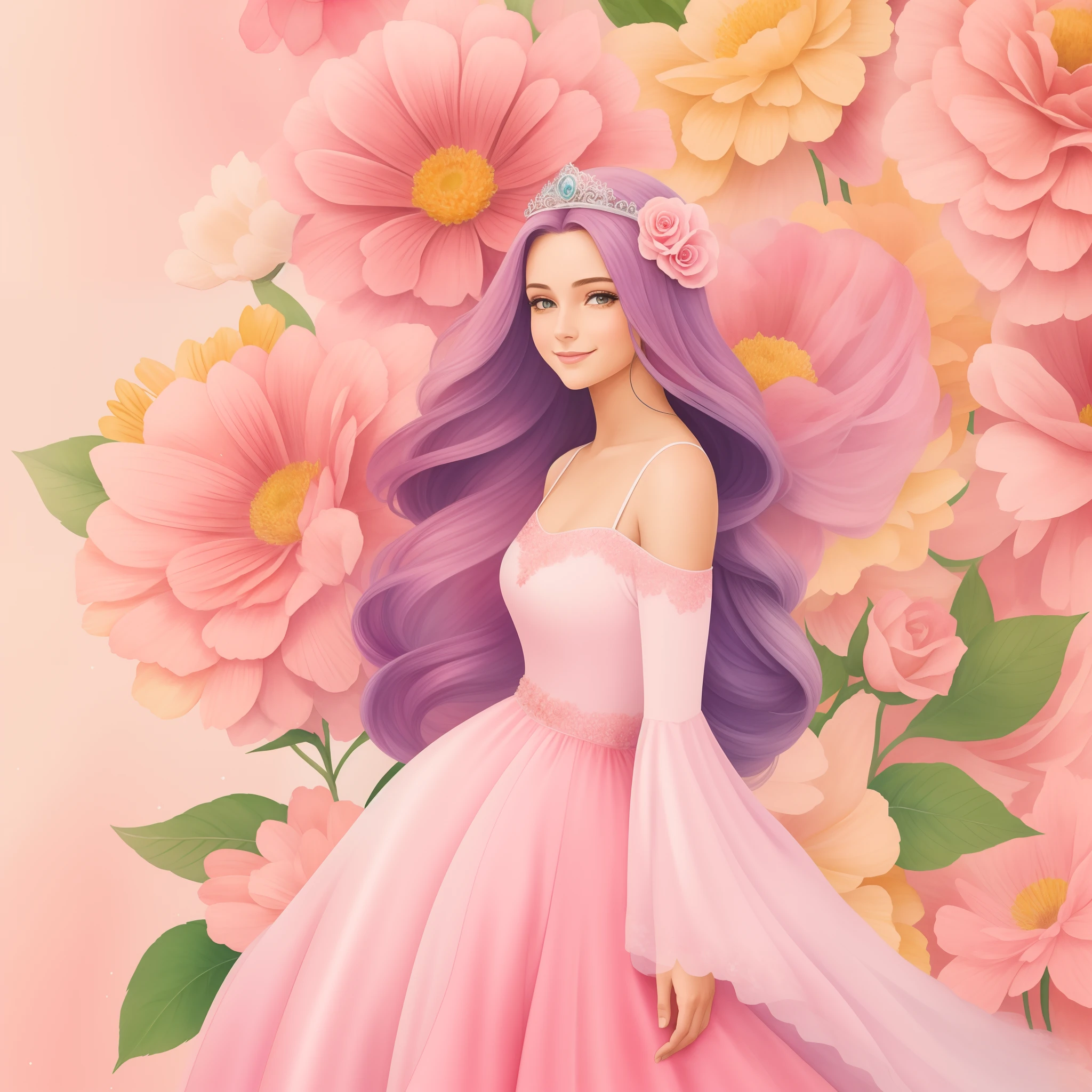 Uma pintura em aquarela de mulher sorrindo  de    longos cabelos vermelhos  encaracolado   em um vestido de princesa rosa com uma coroa de flores,vestido