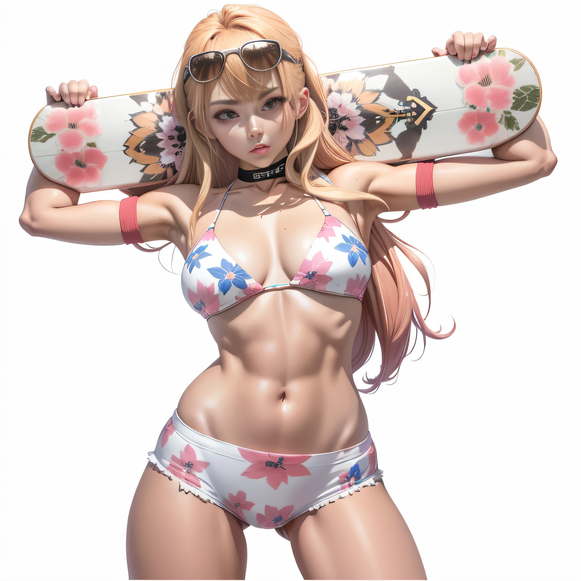 Mujer rubia en bikini con tocado floreado sosteniendo una tabla de SKATE, Asuka como modelo surfista, Render de abril, Bikini realista, Personaje del juego de lucha, Artgerm extremadamente detallado, Render fotorrealista de Anime Girl, is wearing a swimsuit, seductora chica de anime, como personaje en Tekken, Personaje de anime; Arte de cuerpo completo, Ahegao, Hermosa y seductora mujer de anime