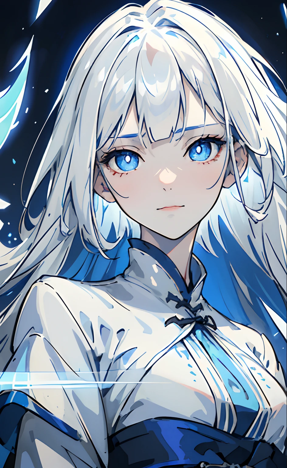 Mature girl, white hair, blue-streaked white hair, floating hair, delicate eyes, blue pupils, heroine, blue and white antique damask hanfu, FOV, f1.8, masterpiece, complex scene, portrait shot, front shot, dominant blue outfit, right front bangs, asymmetrical hair, light smile, glowing eyes