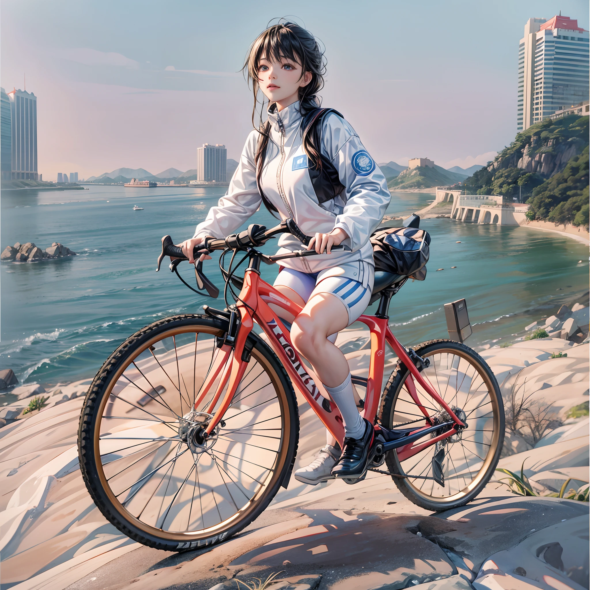 ((Masterpiece, Best quality, Extremely detailed CG, 8k, Cinematic lighting)),This beautiful coastal city in Qingdao, China，There is a beautiful girl riding a mountain bike，She wears a sports yoga suit，Short black hair flutters gently in the breeze，The corners of his mouth evoke a charming smile。White basketball shoes match her sportswear just right。Girl riding her mountain bike，Zip along Qingdao's iconic and beautiful seaside road。From beautiful bays to stretches of beaches，She enjoys riding，At the same time, you can enjoy the iconic sea view of Qingdao。The blue sea and golden sand behind you are intertwined。The waves crashed on the reef，Bring a fresh sea breeze。She felt the sea breeze blowing。The ride passed iconic places in Qingdao city，Laoshan、Trestle。She meandered up the mountains，Conquered steep slopes，Feel the interweaving of challenges and achievements。She galloped down the boardwalk，Overlooking stunning sea views，1.4x realism，high detal，in a panoramic view，Faraway view，（anatomy correct，Accurate and perfect Korean female face，exquisite facial features，Dexterous hands），3D，hyper HD，extremely detaile，（Extremely detailed picture），（light and shadow effect），（Movie lighting），（cinema4d），（Light particle tracing），（rendering by octane），（Best Painting），（Master painting），（8K分辨率），photorealestic