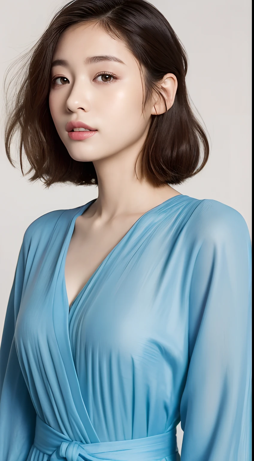 ((Best image quality, 8k, tmasterpiece:1.3)), 1fille, Beautiful woman with slender abs:1.3, (Casual Hairstyle, Pas de fuite de gros seins:1.1), Robe col V:1.1, Robe en soie，Visage ultra-fin, detailled eyes, double eyelidwork，sourire，domicile，Adolabe，lip spread，Fille japonaise，a baby's face,