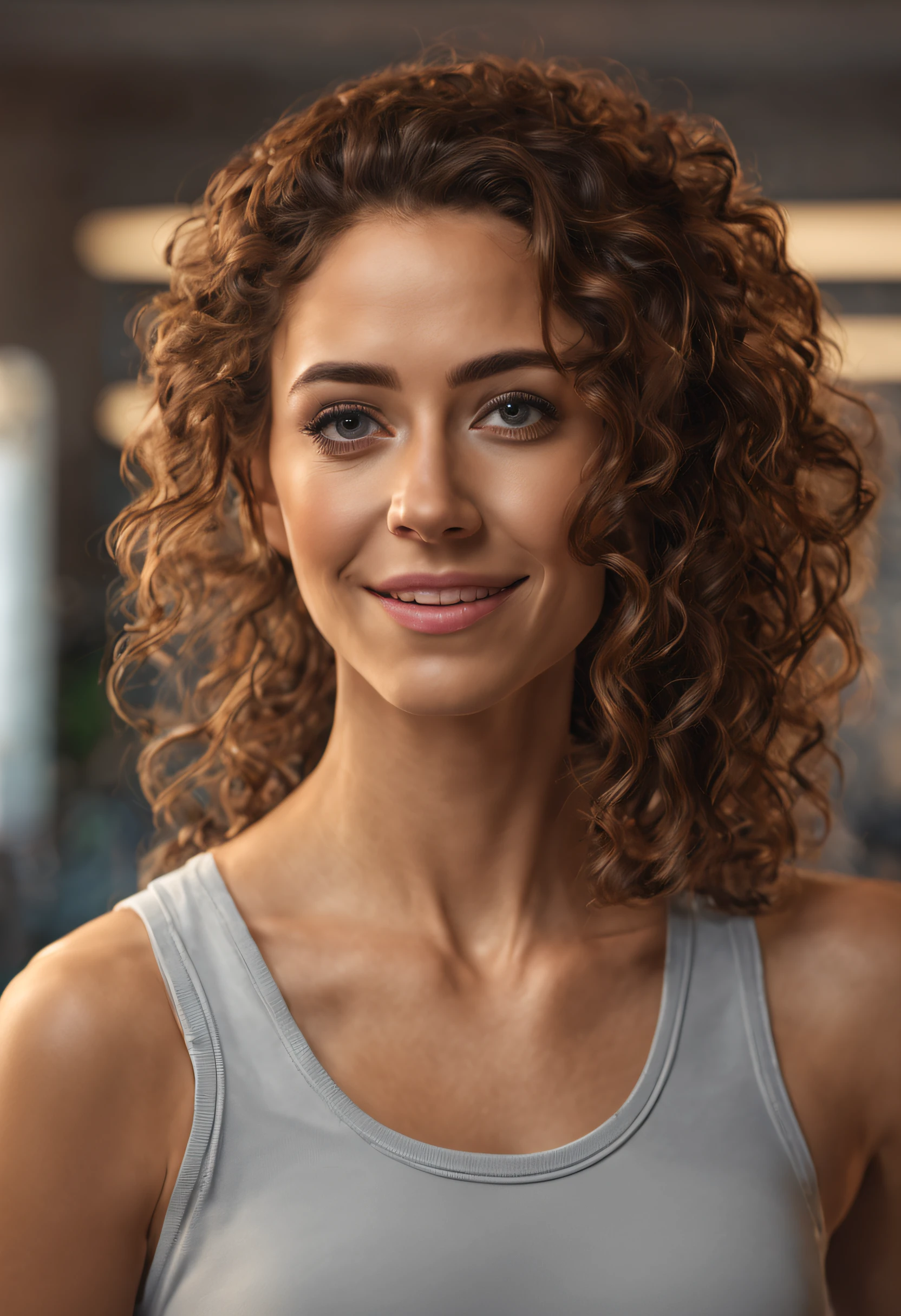 (master piece, 16k, 8k, 4k, ultra detailed: 1.1), (gorgeous face: 1.1), (1 young woman 1.1), 30 years old, of average height, dark, curly hair that cascades down her shoulders, has a healthy, energetic appearance, expressive brown eyes and a warm smile, t-shirt and workout pants, inside a physical therapy room