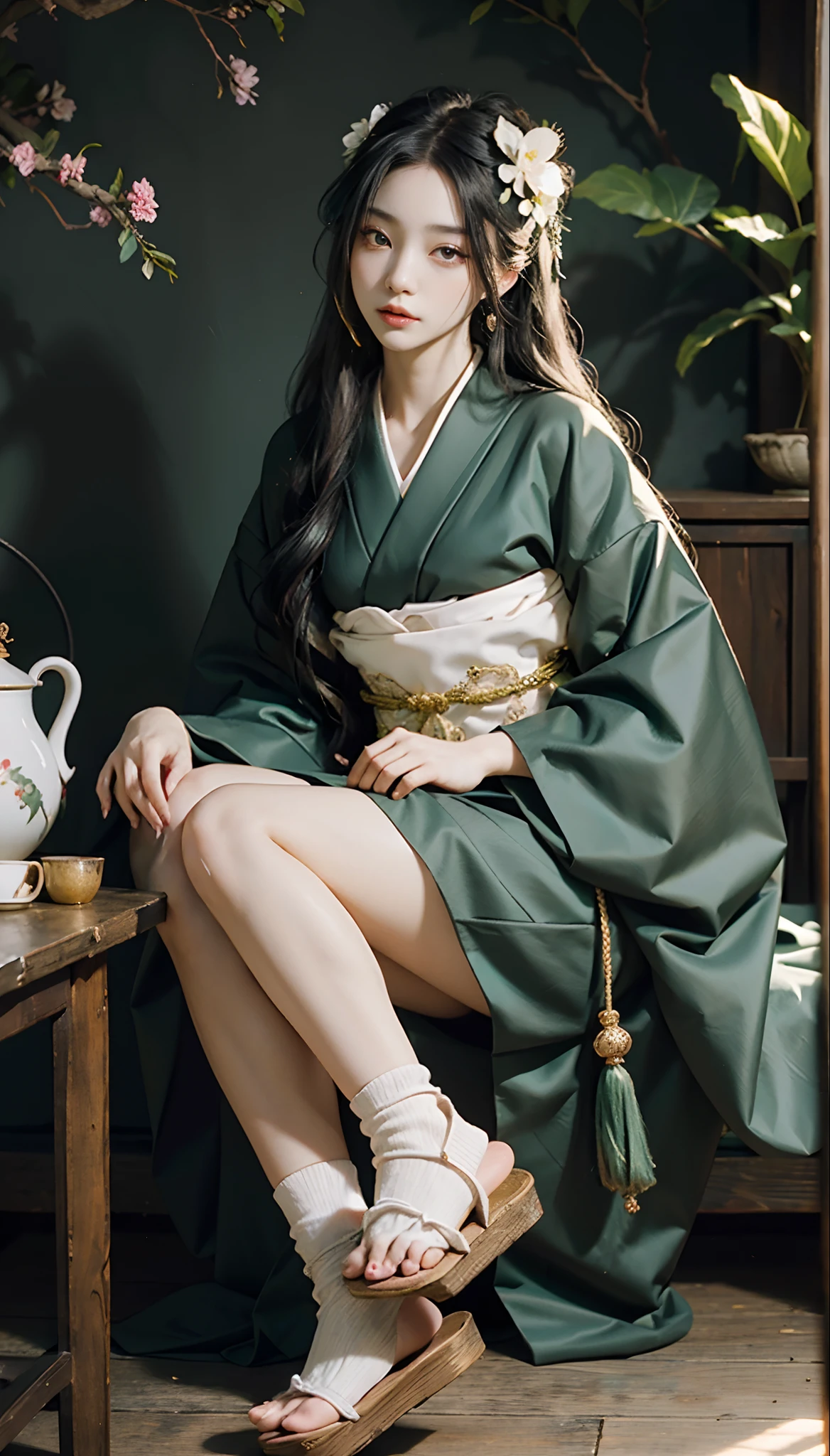 meticulous portrayal of face,1 noblewoman,(Camellia kimono),(Long flowing black and green hair),Simple and elegant Japanese clothing,Collar,(black sock,jade foot,clogs), s the perfect face, perfect hand, Perfect Finger, Perfect lips, perfect eyes,Extremely normal body,Ancient Japanese town background,Perfect background
