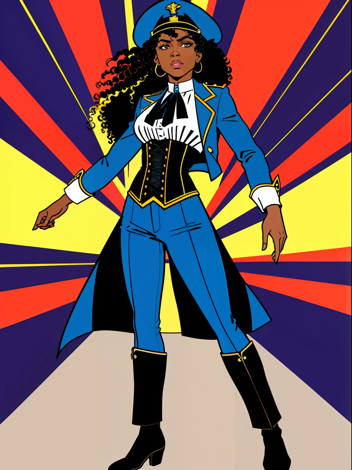 (comic style:1.3), (comic poster) (line art:1.5), (full body),(masterpiece, award winning, best quality:1.3), (flat color:1.3),(colorful:1.3), 1 girl ((solo)), Haitian, energy shooting out of hand, long curly black hair, dark skin, wearing an open blue captains jacket, blue captains hat, blue pants, corset, cinematic, masterpiece, detailed background, detailed material textures, serious, realistic 1.35, muscular 1.2