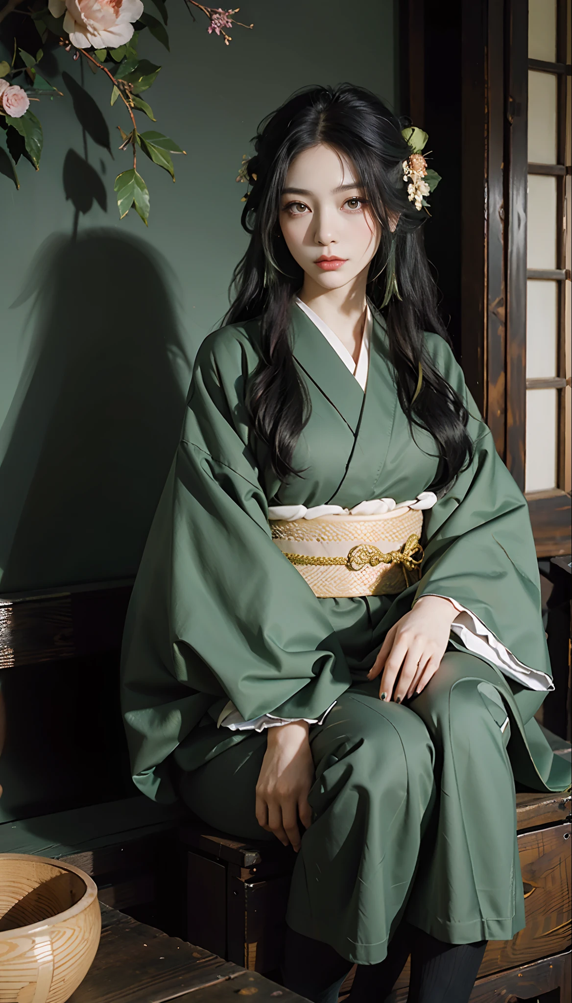 Araffe woman in a green kimono sitting on a bench - SeaArt AI