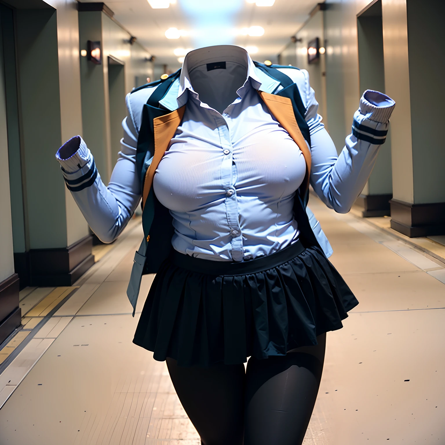 school uniform and leggings, ((invisible, no humans:1.5, headless:1.5, handless, legless)), (big breast), (extremely detailed), (photo realistic), (photon mapping), running in school