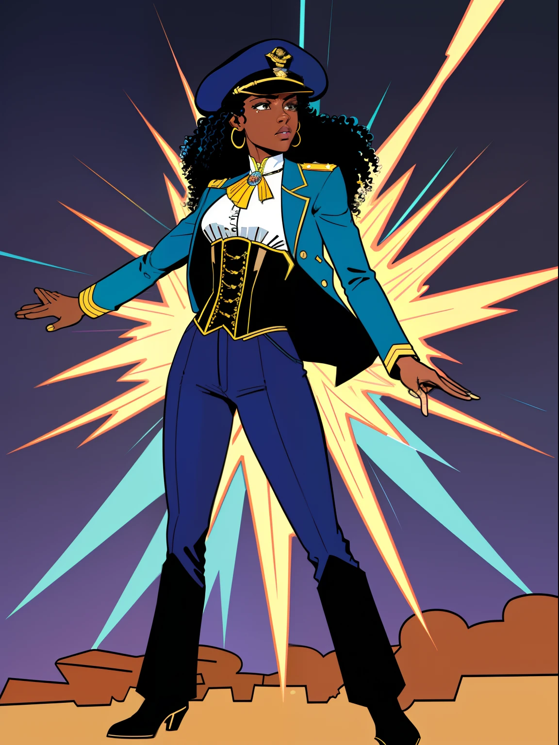 (comic style:1.3), (comic poster) (line art:1.5), (full body),(masterpiece, award winning, best quality:1.3), (flat color:1.3),(colorful:1.3), 1 girl ((solo)), Haitian, energy shooting out of hand, long curly black hair, dark skin, wearing an open blue captains jacket, blue captains hat, blue pants, corset, cinematic, masterpiece, detailed background, detailed material textures, serious, realistic 1.35, muscular 1.2