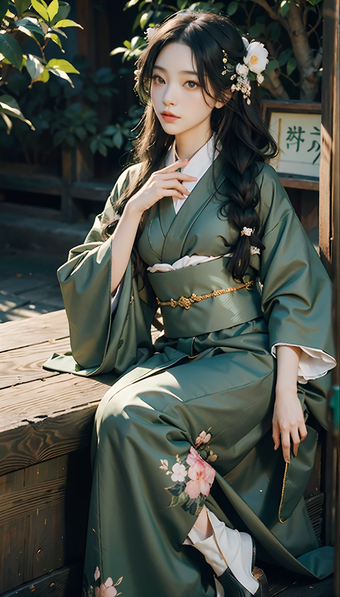 Arafed woman in a green kimono sitting on a bench - SeaArt AI