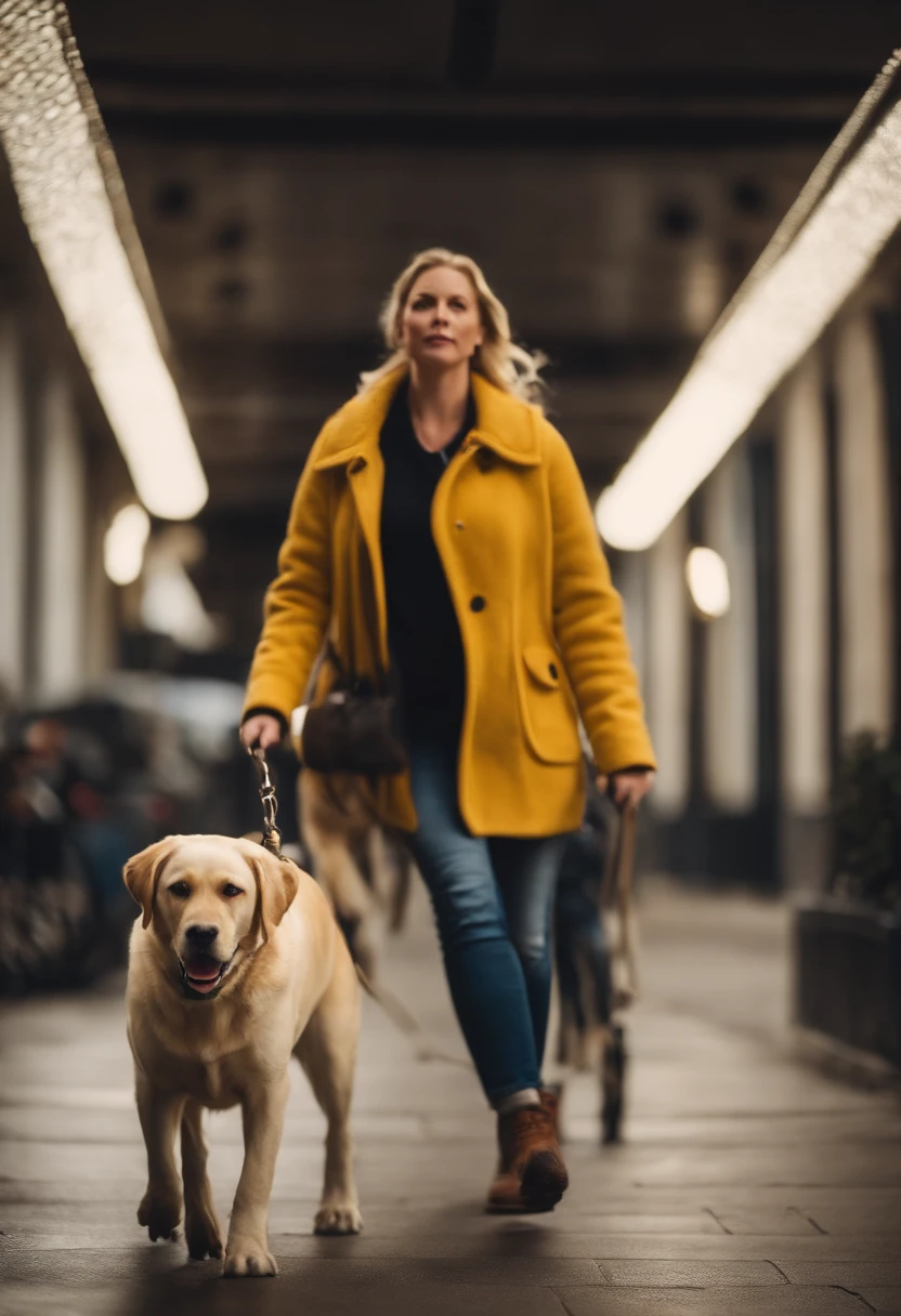 Female walking a yellow lab