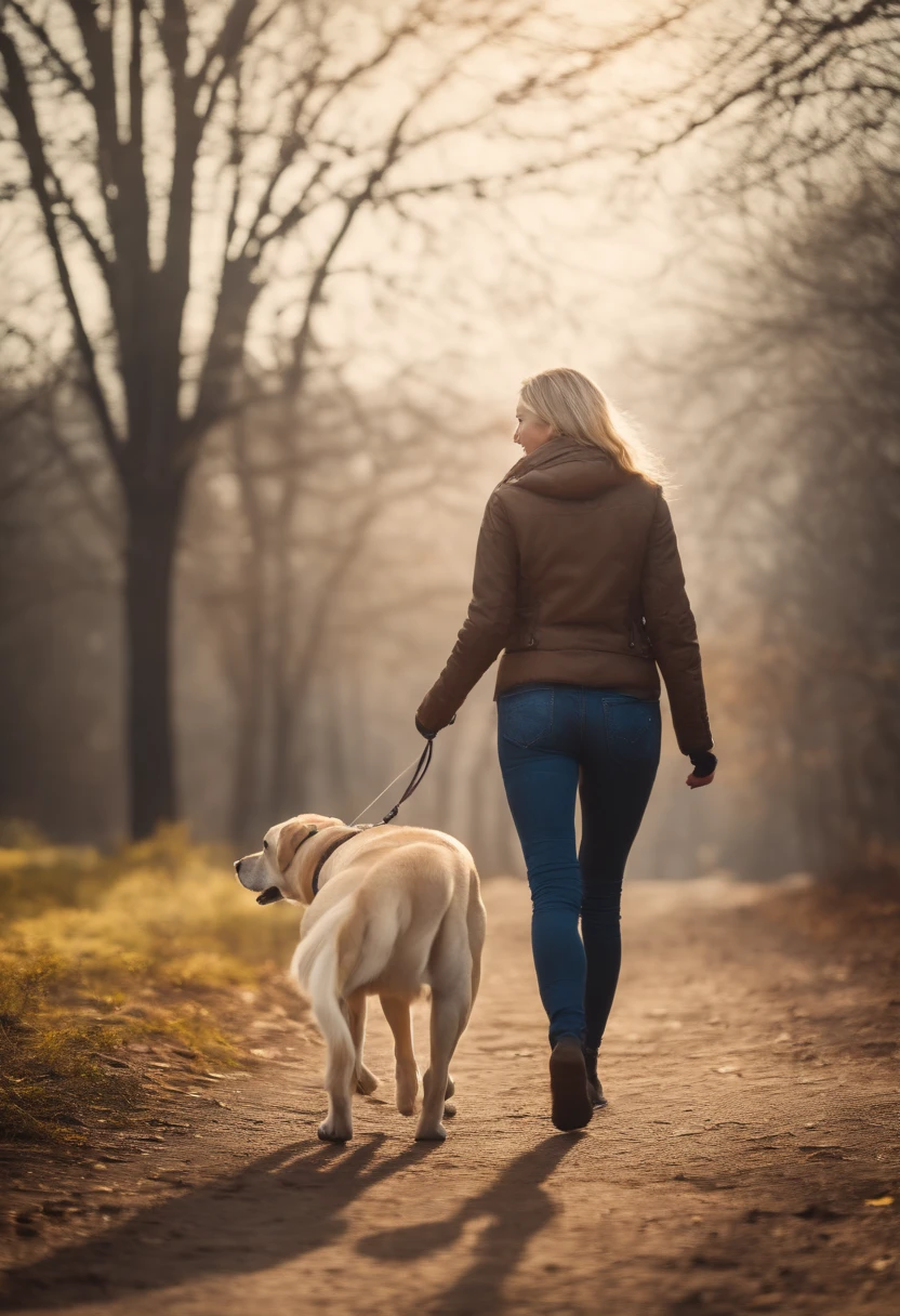 Female walking a yellow lab
