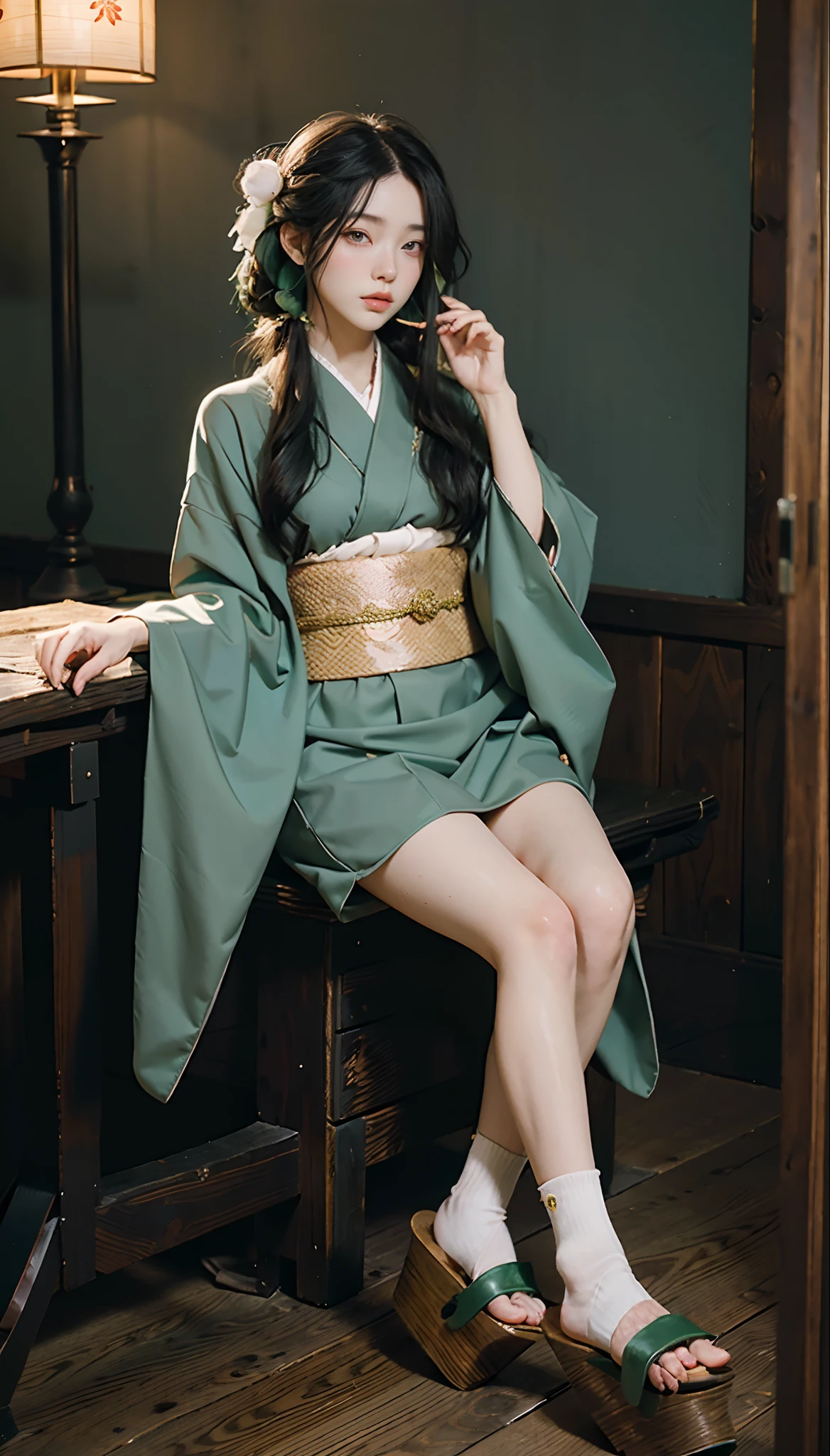 meticulous portrayal of face,1 noblewoman,(Camellia kimono),(Long flowing black and green hair),Simple and elegant Japanese clothing,Collar,(black sock,clogs), s the perfect face, perfect hand, Perfect Finger, Perfect lips, perfect eyes,Extremely normal body,Ancient Japanese town background,Perfect background