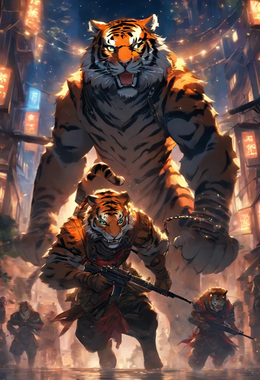 top quality, best quality, High-quality illustrations, masterpiece, super high resolution, detailed background, illustration of two tigers holding rifles and combat knives, epic lighting, assorted poses, dynamic angle, looking at user, various smiling expressions, different fur colors, modern military outfit, military headgear, night vision goggles, Cinematic light and reflection, Intermediate metaverse elements, Digital Painting, Beautiful atmosphere night skylight, Buildings in medieval Europe,